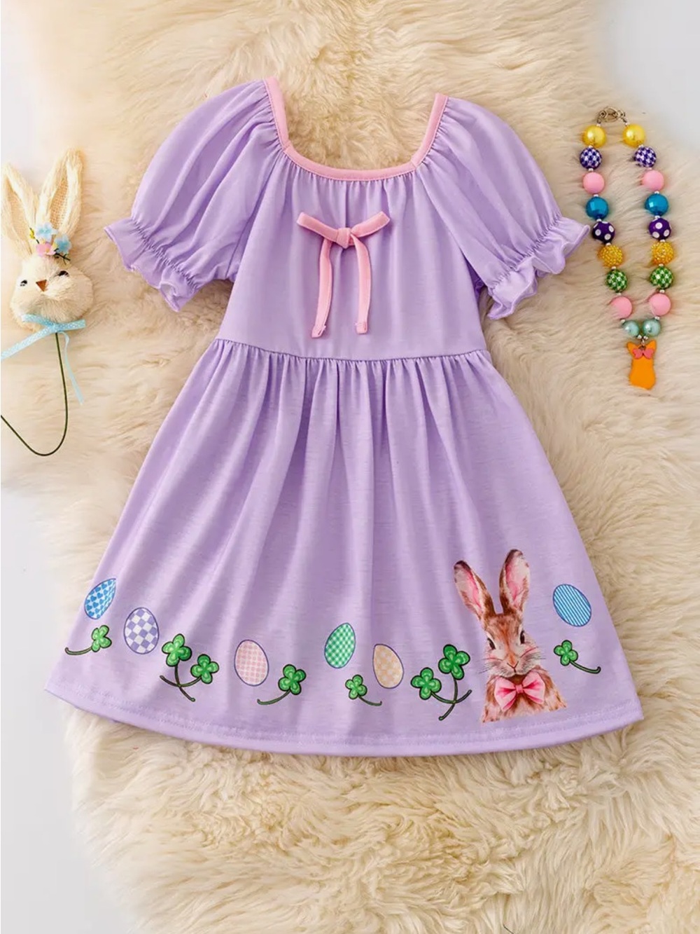 Lilac Bunny Easter Dress with Pink Trim NIP